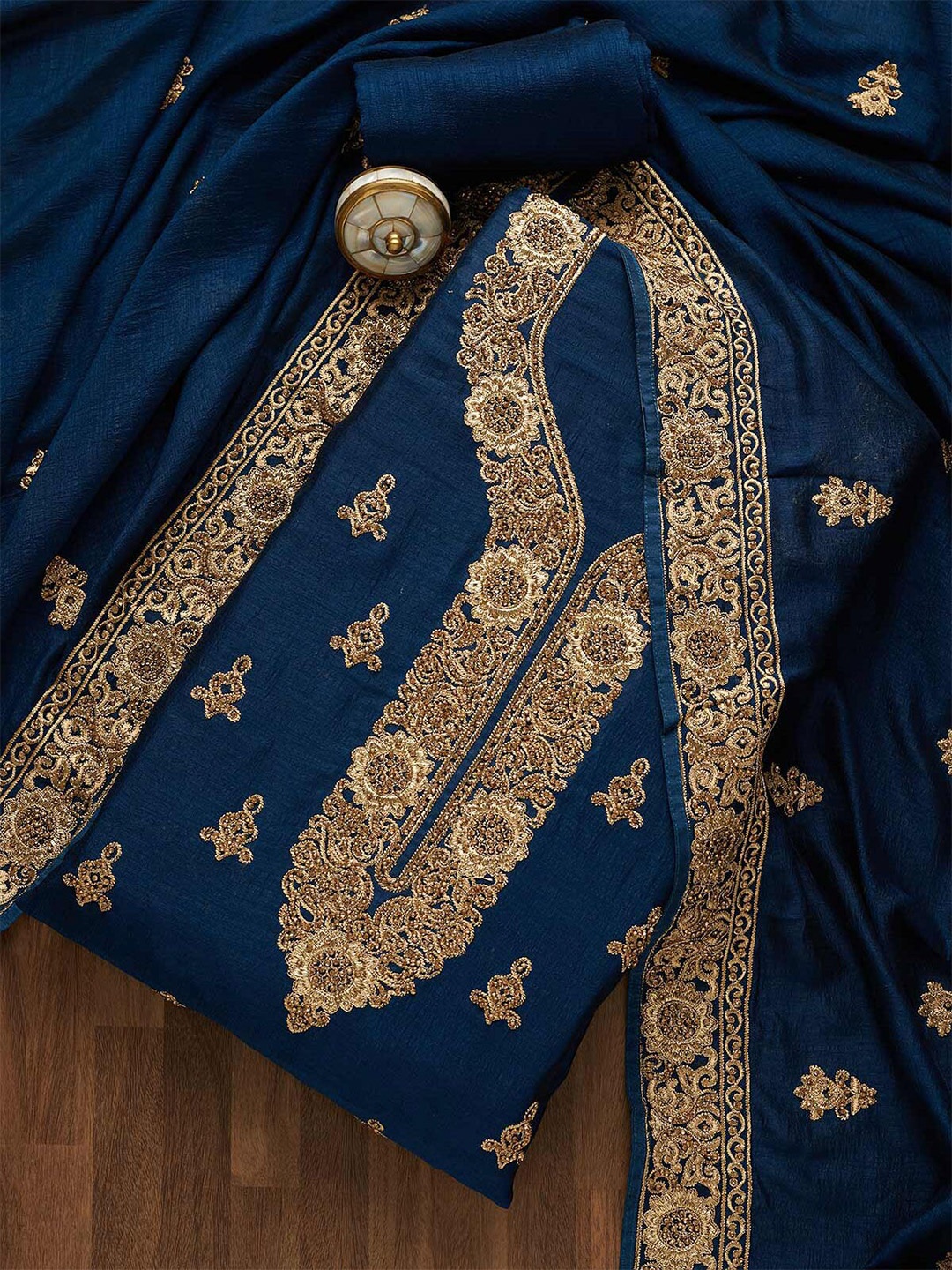 

Koskii Women Blue & Gold-Toned Embroidered Unstitched Dress Material