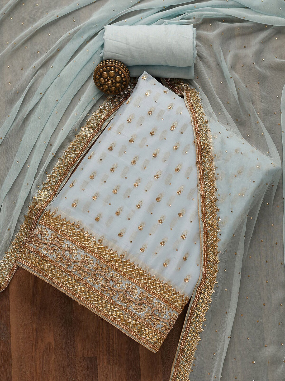 

Koskii Grey & Gold-Toned Embroidered Art Silk Unstitched Dress Material