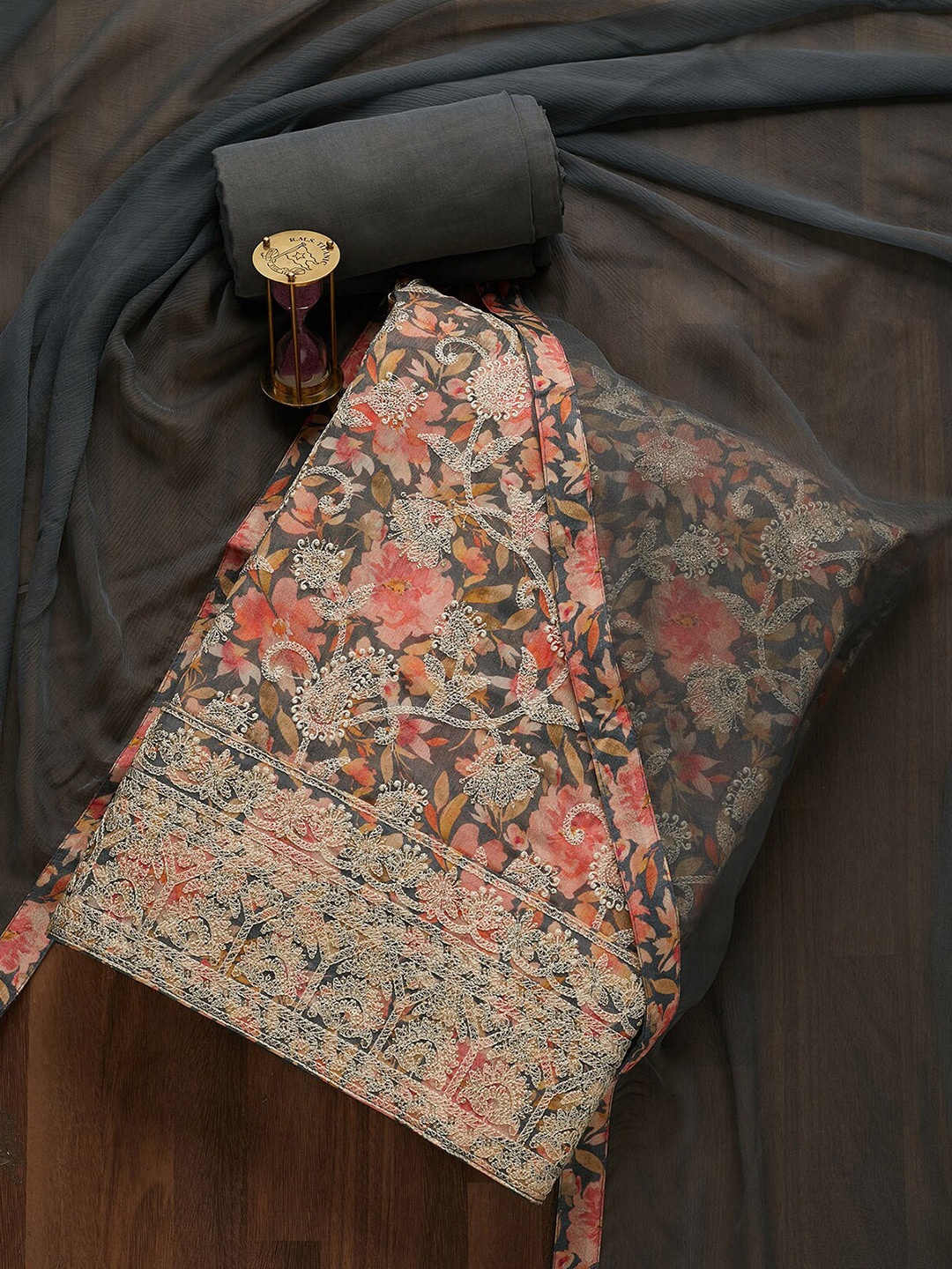 

Koskii Grey & Gold-Toned Embroidered Unstitched Dress Material
