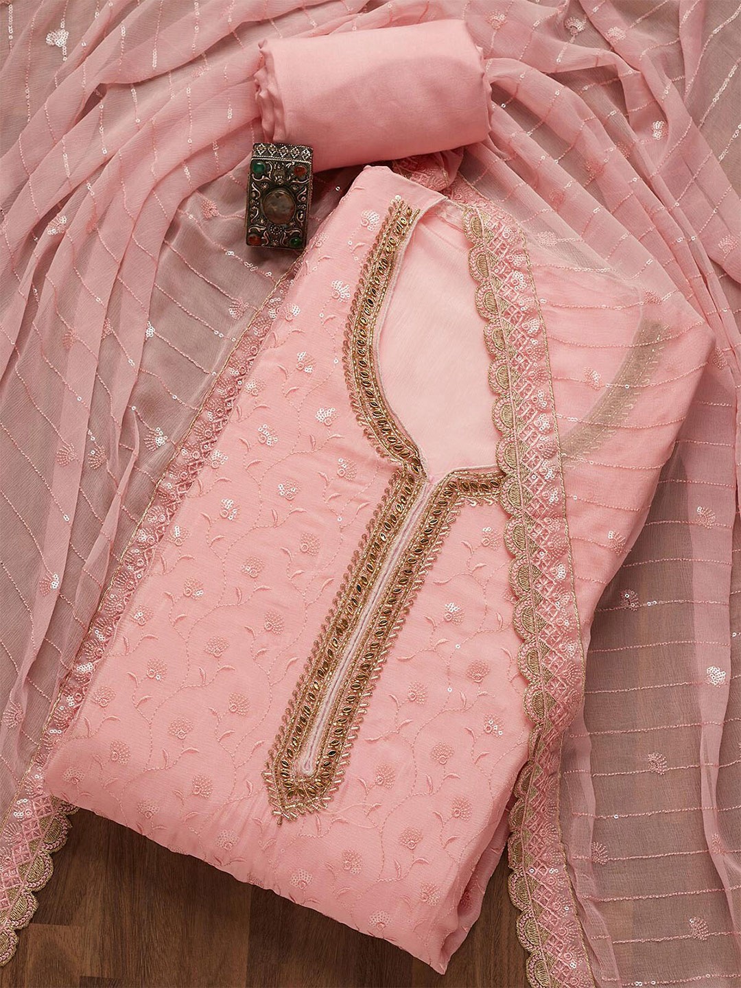

Koskii Womens Pink & Gold-Toned Embroidered Unstitched Dress Material