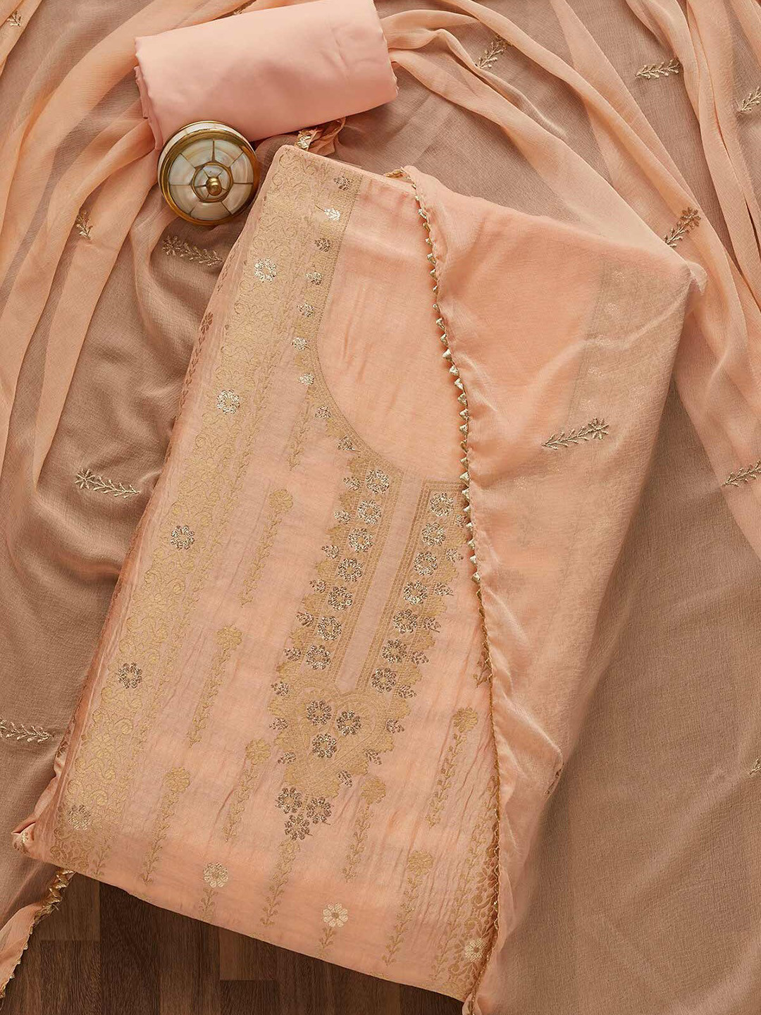 

Koskii Peach-Coloured & Gold-Toned Embroidered Unstitched Dress Material