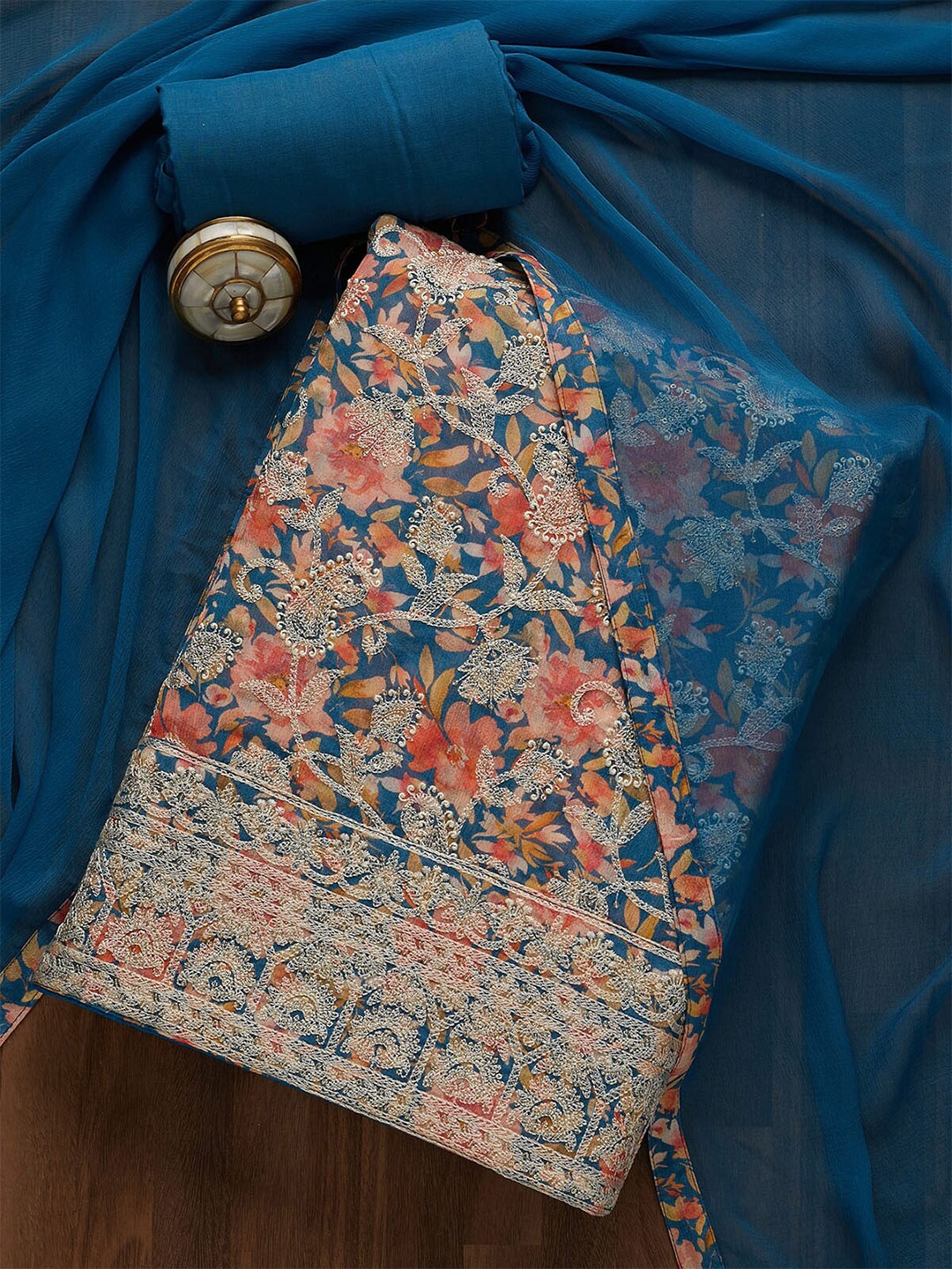 

Koskii Blue & Gold-Toned Embroidered Unstitched Dress Material