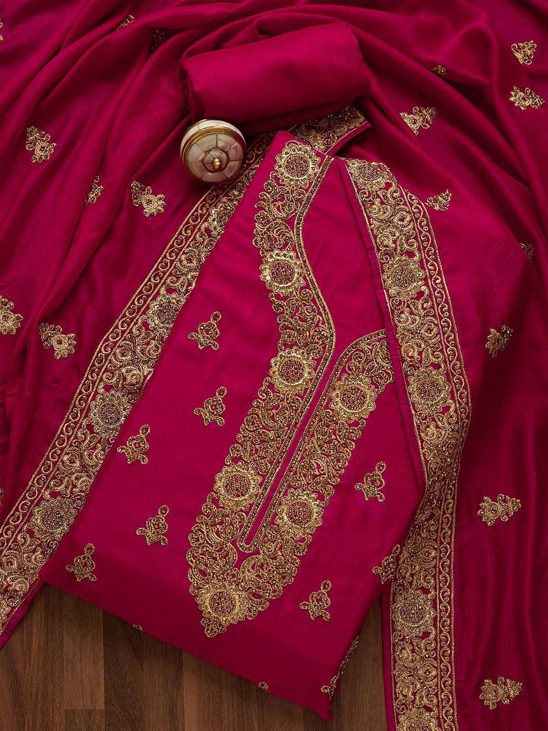 

Koskii Pink & Gold-Toned Embroidered Unstitched Dress Material