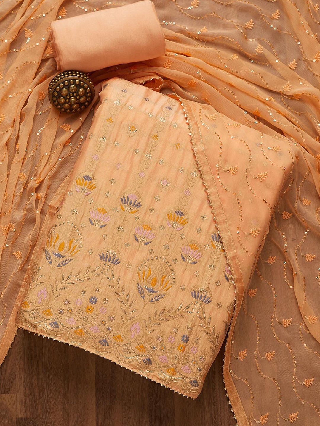 

Koskii Peach-Coloured & Gold-Toned Embroidered Unstitched Dress Material