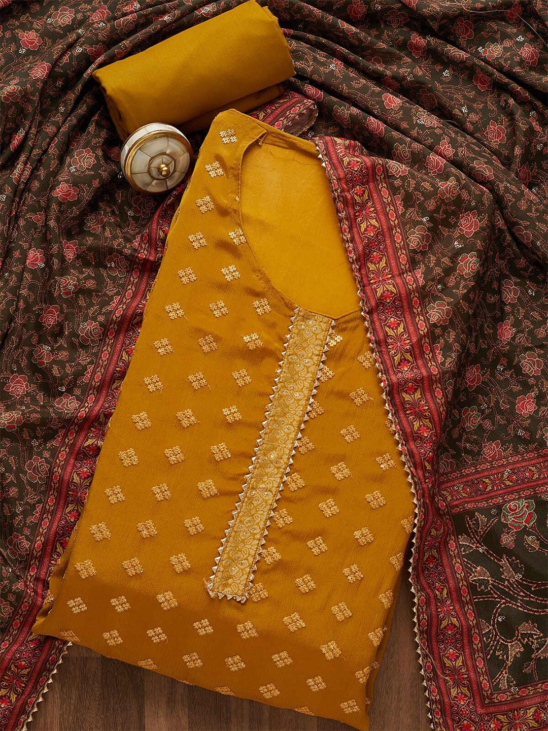 

Koskii Green & Mustard Embroidered Unstitched Dress Material