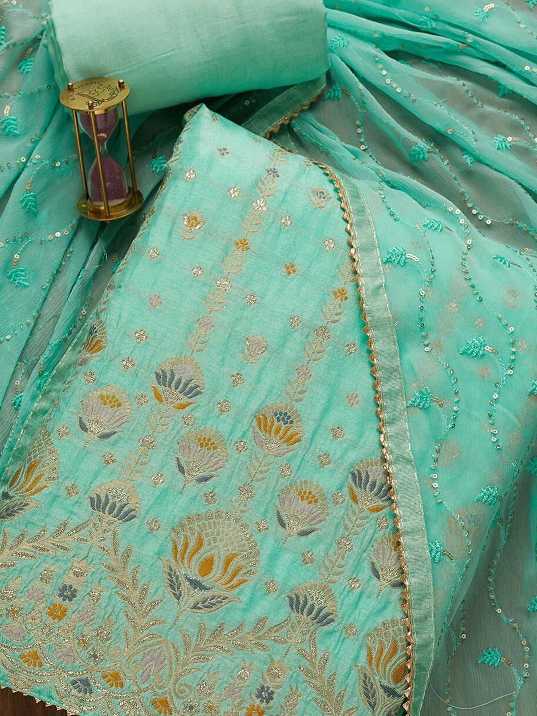 

Koskii Green & Gold-Toned Embroidered Unstitched Dress Material