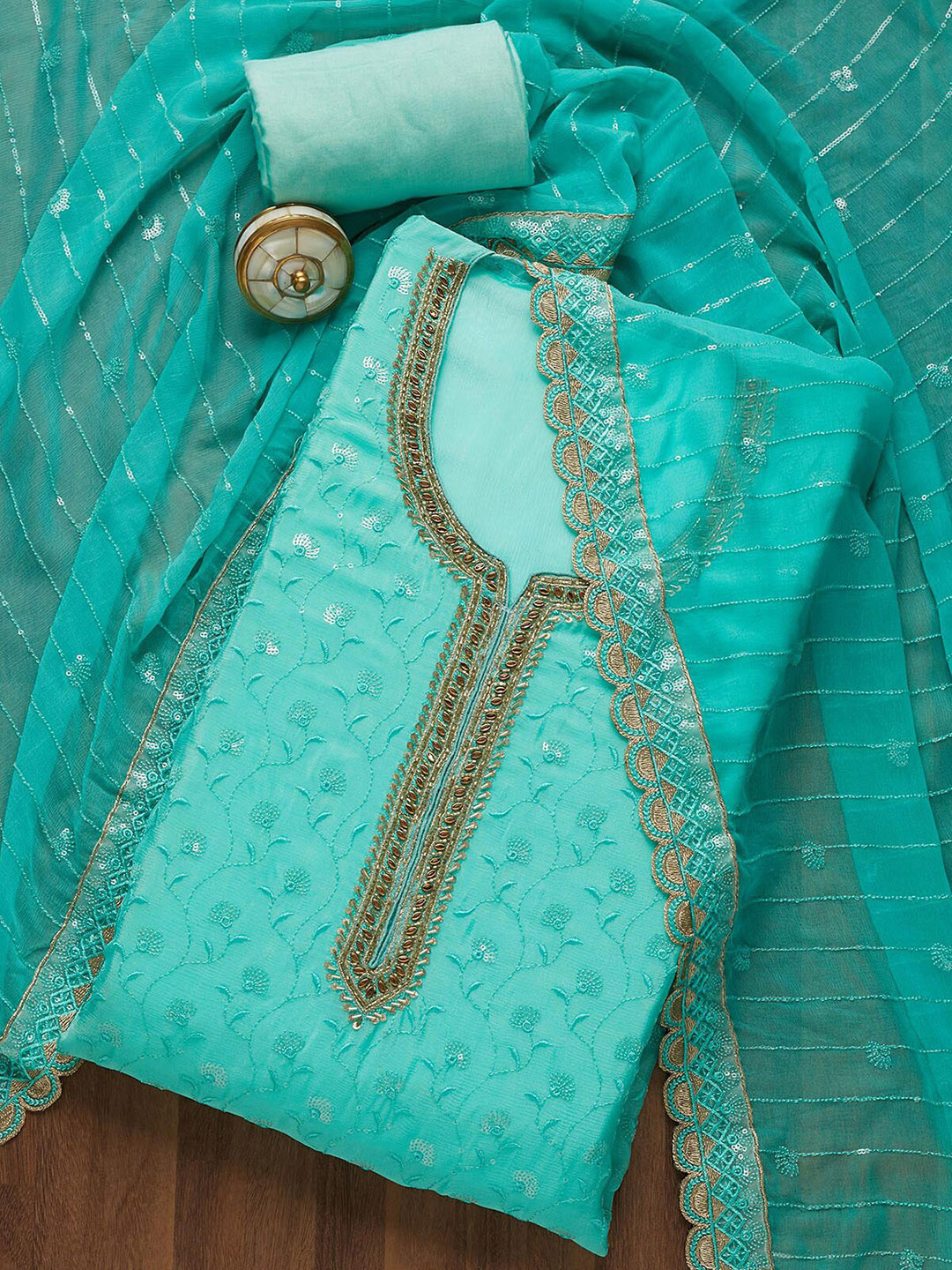

Koskii Turquoise Blue & Gold-Toned Embroidered Unstitched Dress Material