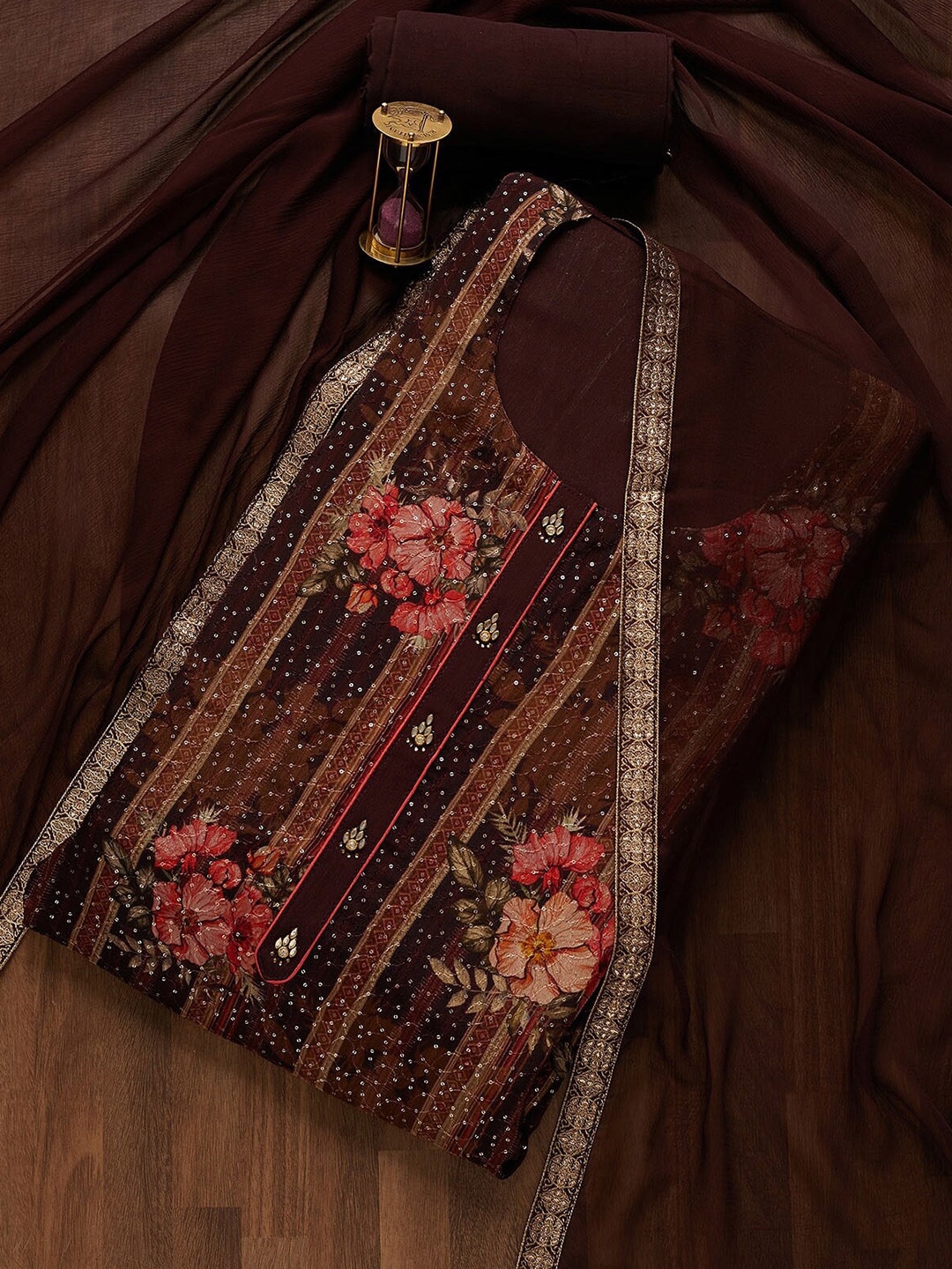 

Koskii Women Brown & Pink Embroidered Unstitched Dress Material
