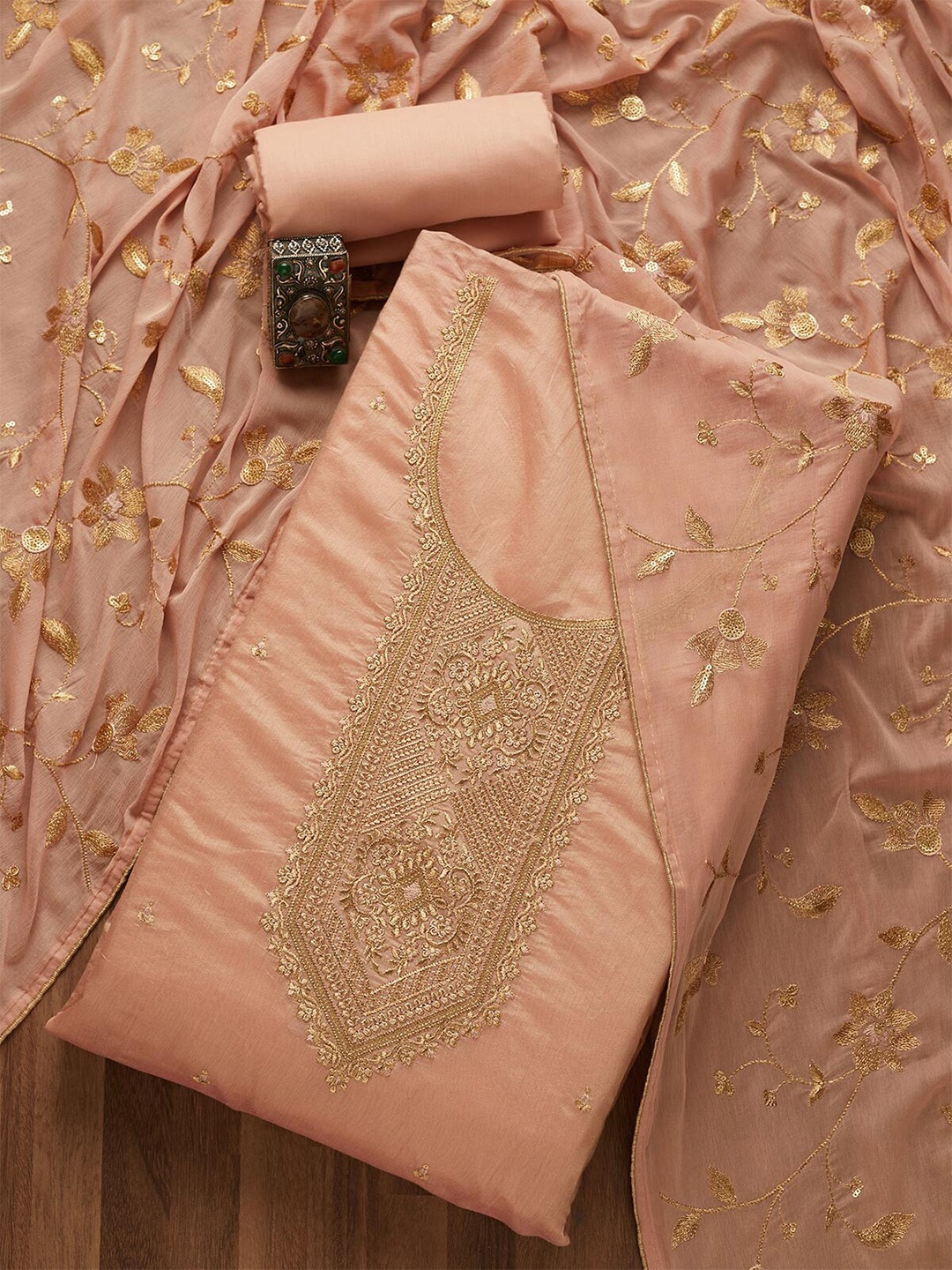 

Koskii Pink & Gold-Toned Embroidered Art Silk Zari Chanderi Unstitched Dress Material