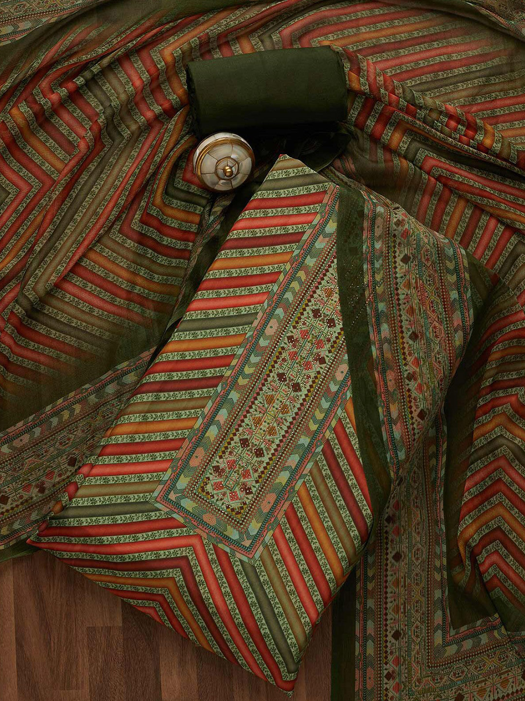 

Koskii Green & Red Printed Unstitched Dress Material