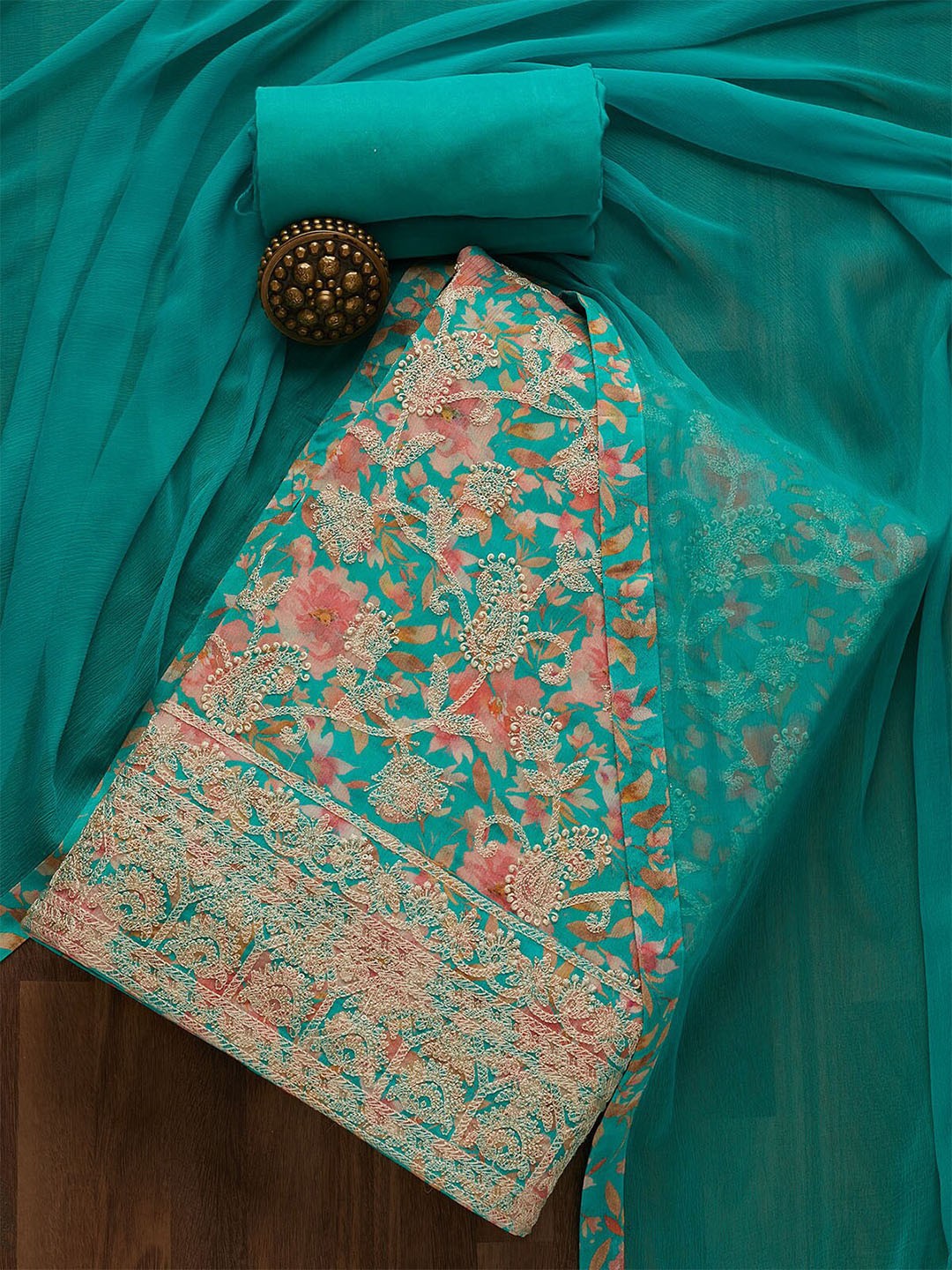 

Koskii Green & Pink Embroidered Unstitched Dress Material