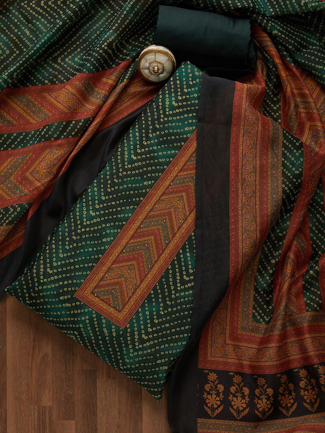 

Koskii Women Green & Red Printed Art Silk Unstitched Dress Material