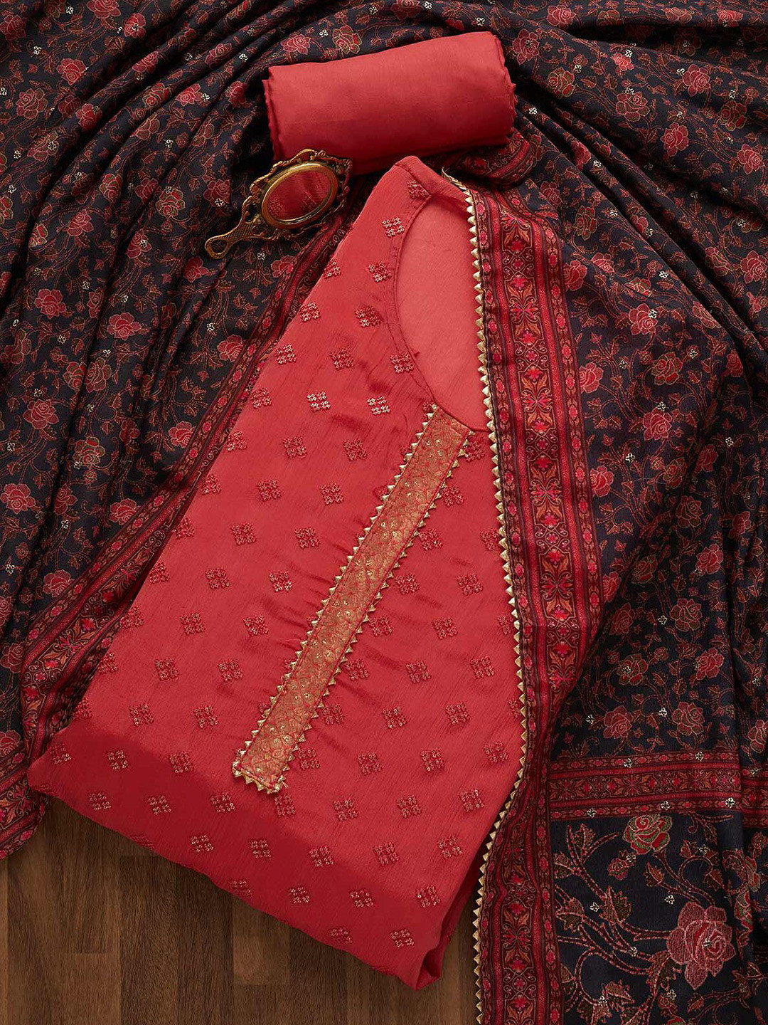 

Koskii Pink & Black Embroidered Unstitched Dress Material