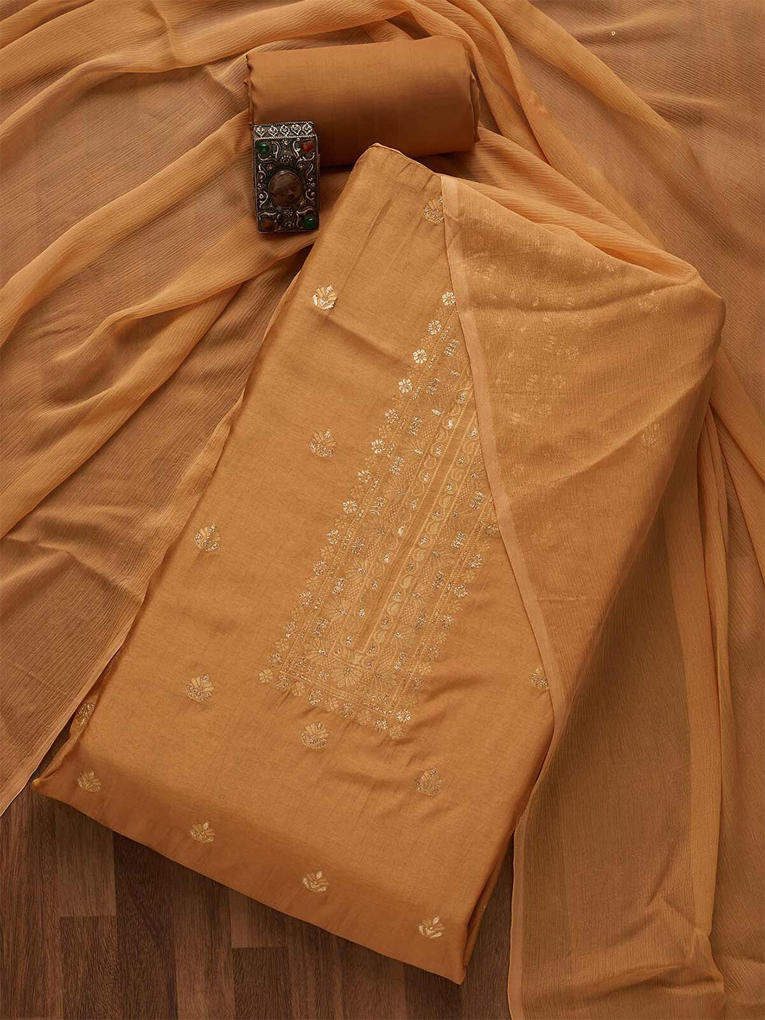 

Koskii Brown & Gold-Toned Embroidered Art Silk Unstitched Dress Material