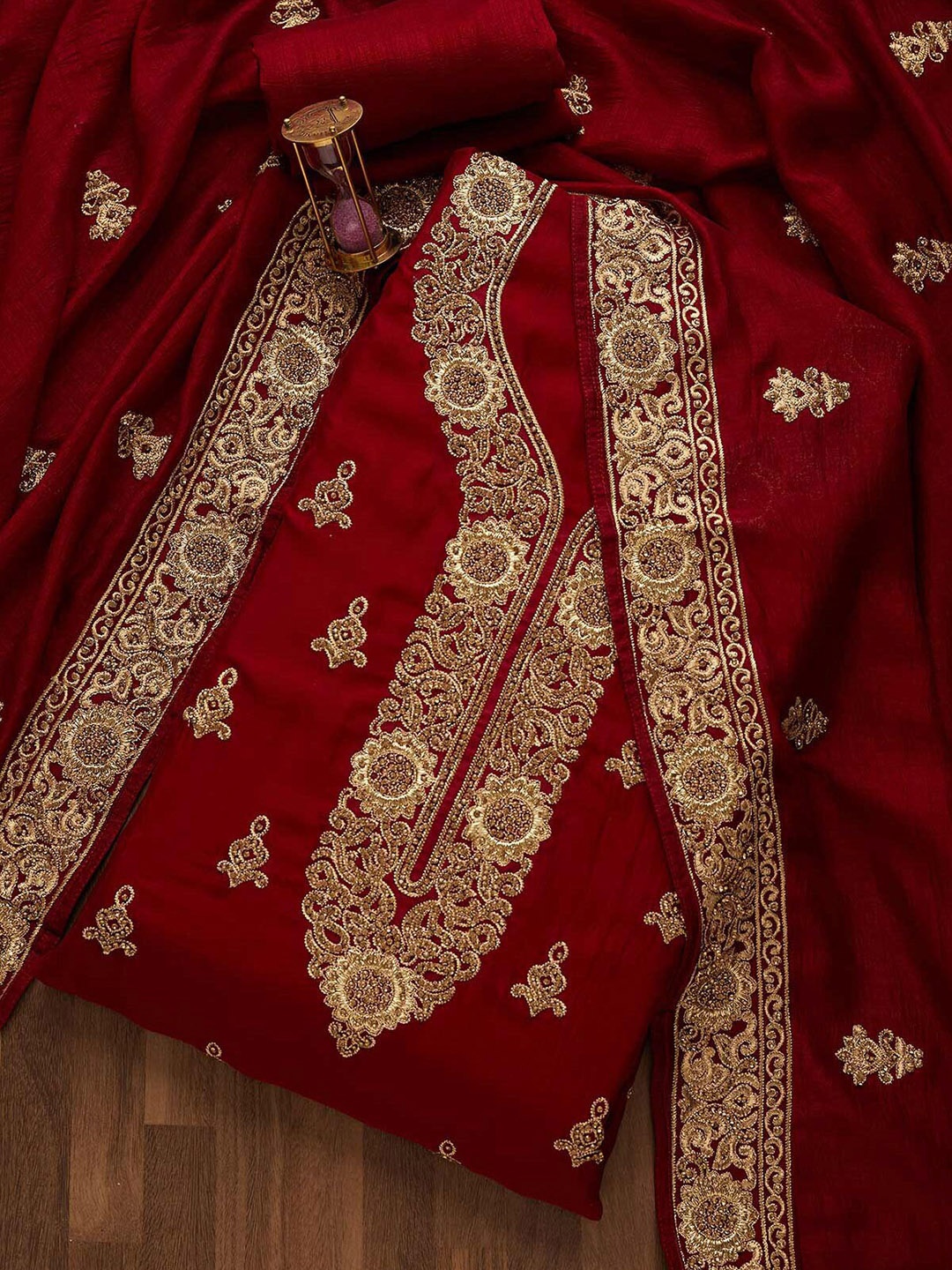

Koskii Maroon & Gold-Toned Embroidered Unstitched Dress Material