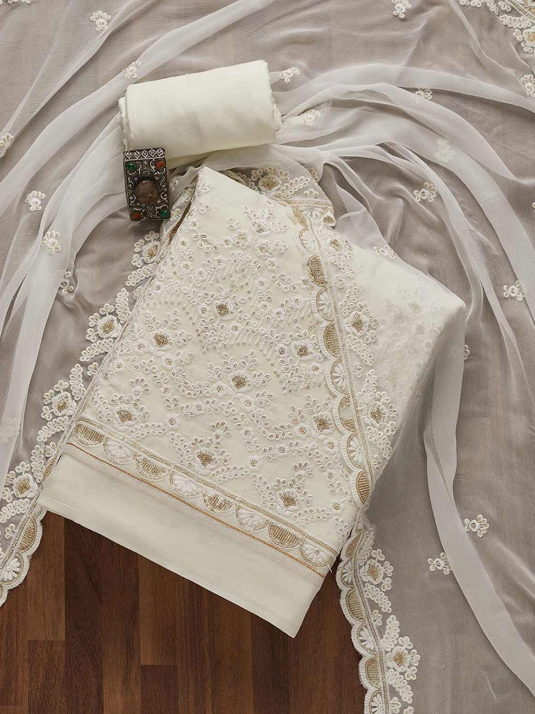 

Koskii Women White & Gold-Toned Embroidered Georgette Unstitched Dress Material