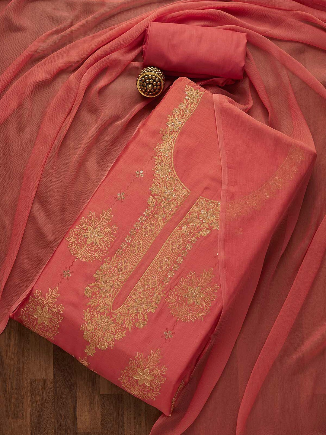 

Koskii Pink & Gold-Toned Embroidered Unstitched Dress Material