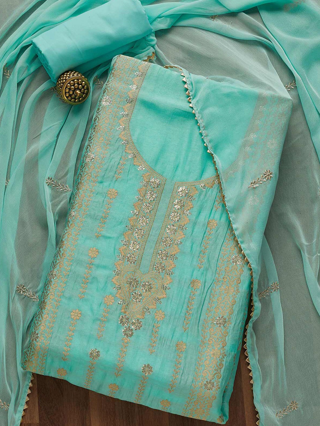 

Koskii Blue & Gold-Toned Embroidered Unstitched Dress Material