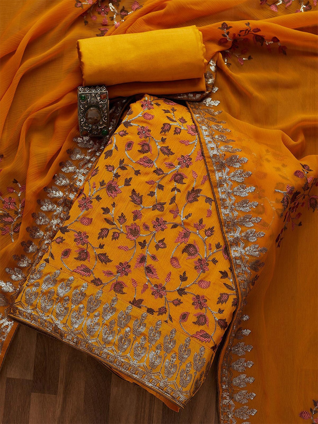 

Koskii Mustard & Maroon Embroidered Unstitched Dress Material
