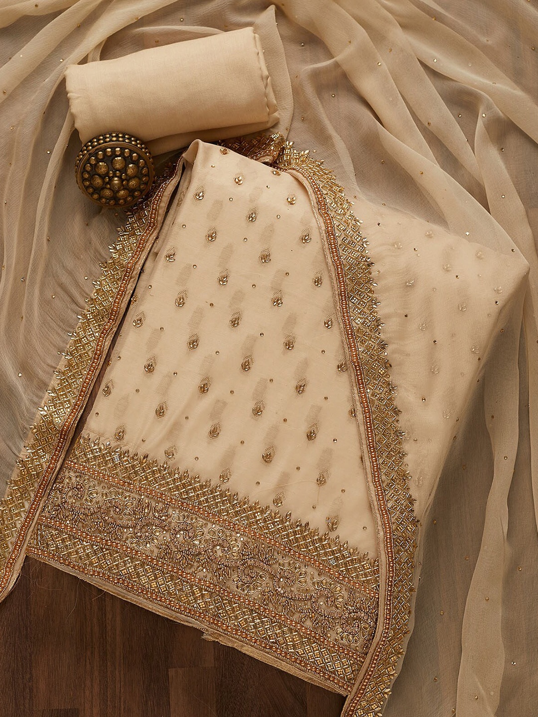 

Koskii Gold-Toned Embroidered Art Silk Unstitched Dress Material