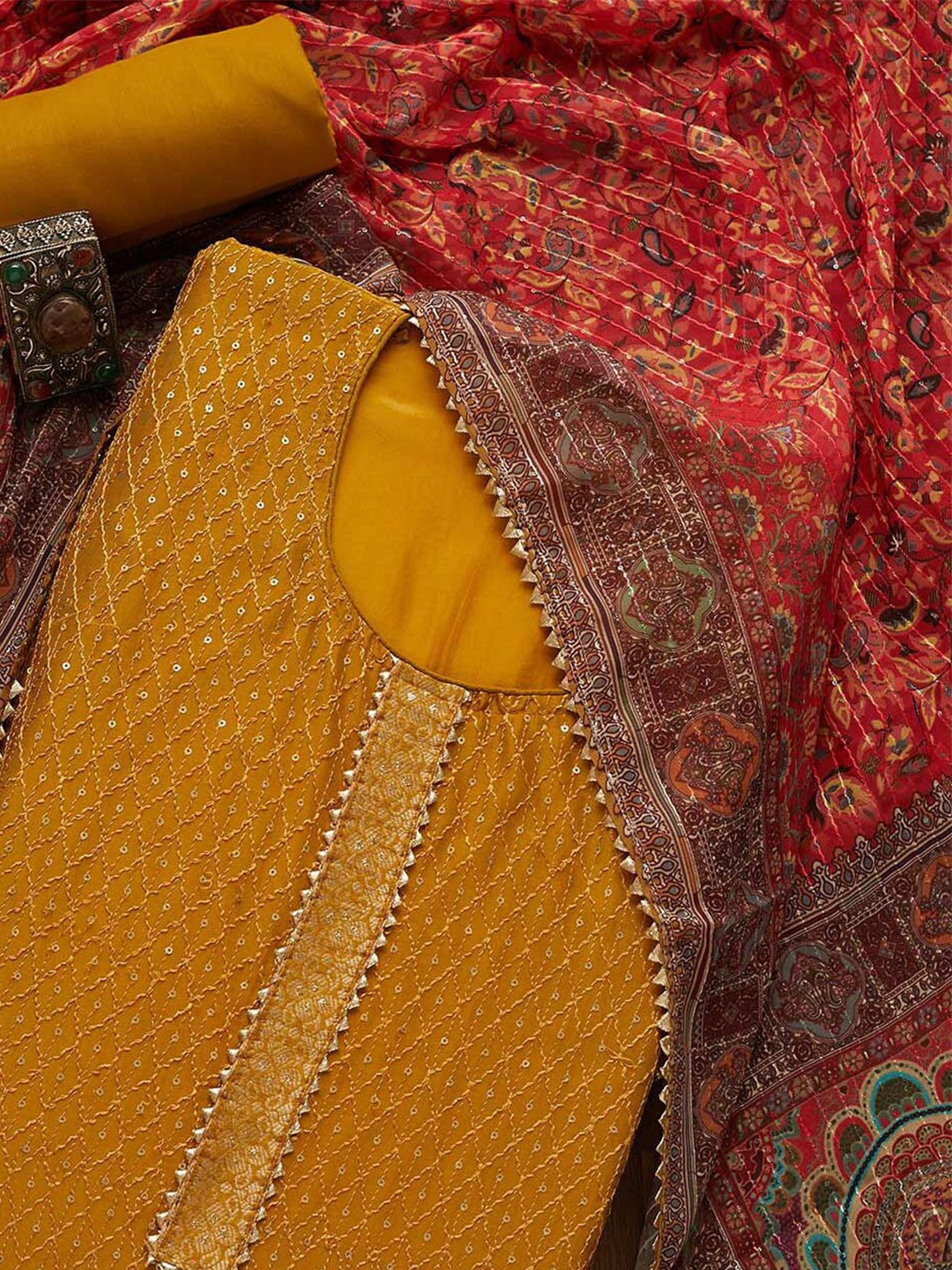 

Koskii Green & Mustard Embroidered Unstitched Dress Material