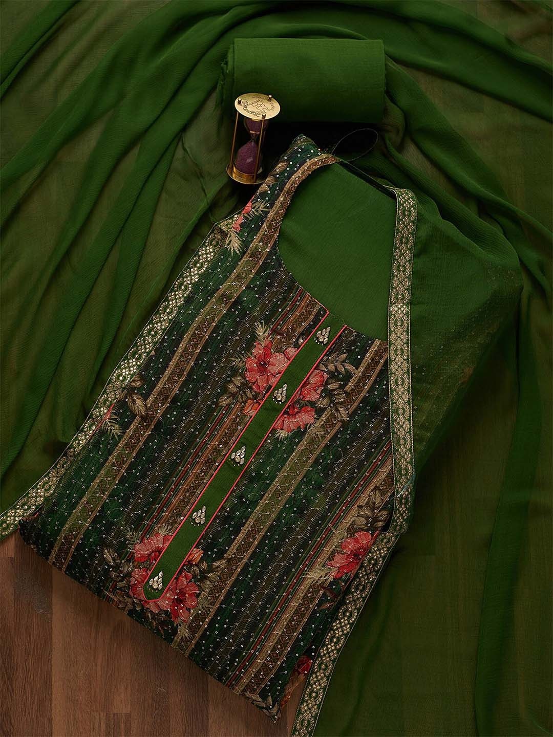 

Koskii Green & Pink Embroidered Unstitched Dress Material