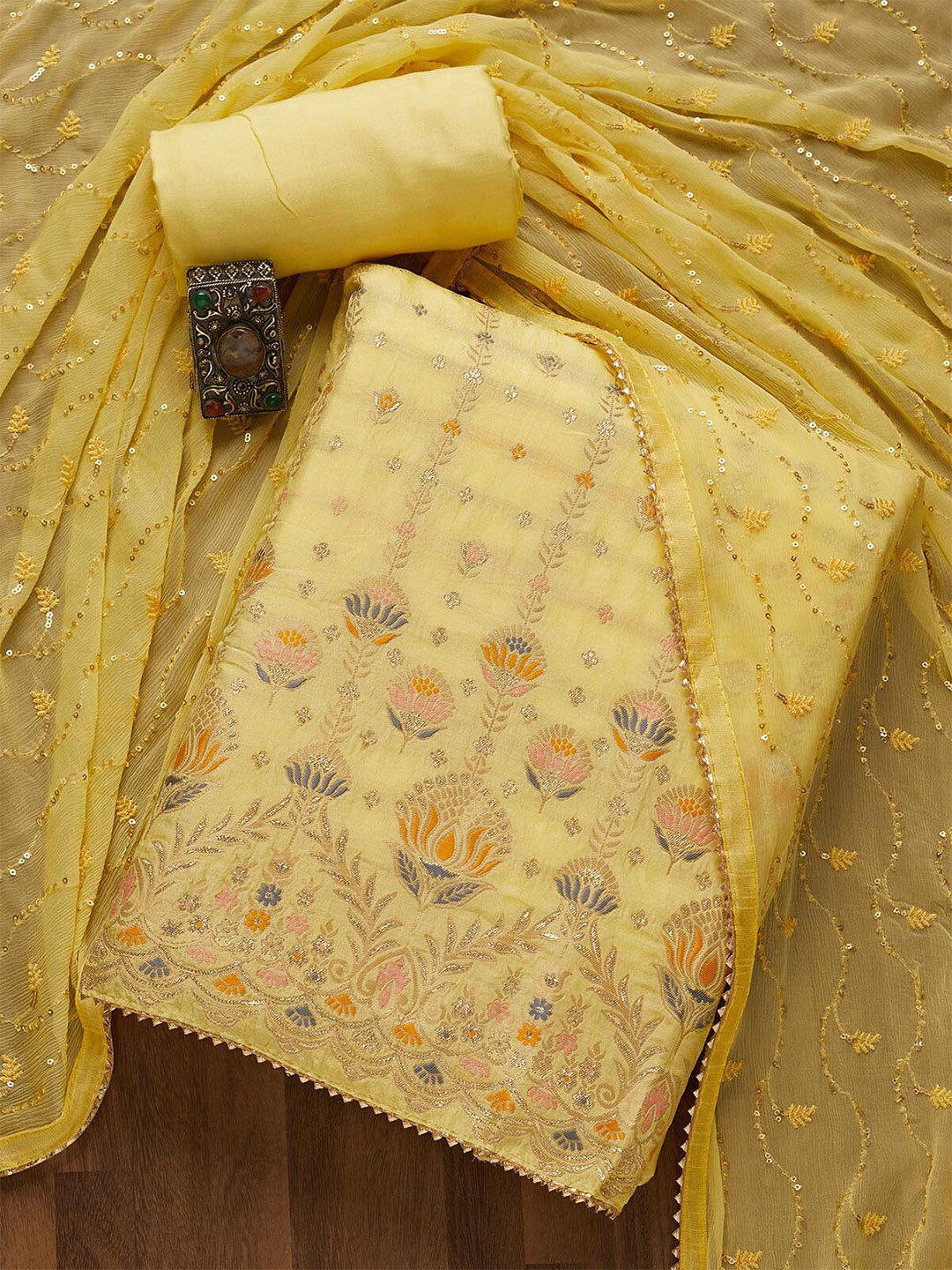 

Koskii Yellow & Orange Embroidered Unstitched Dress Material
