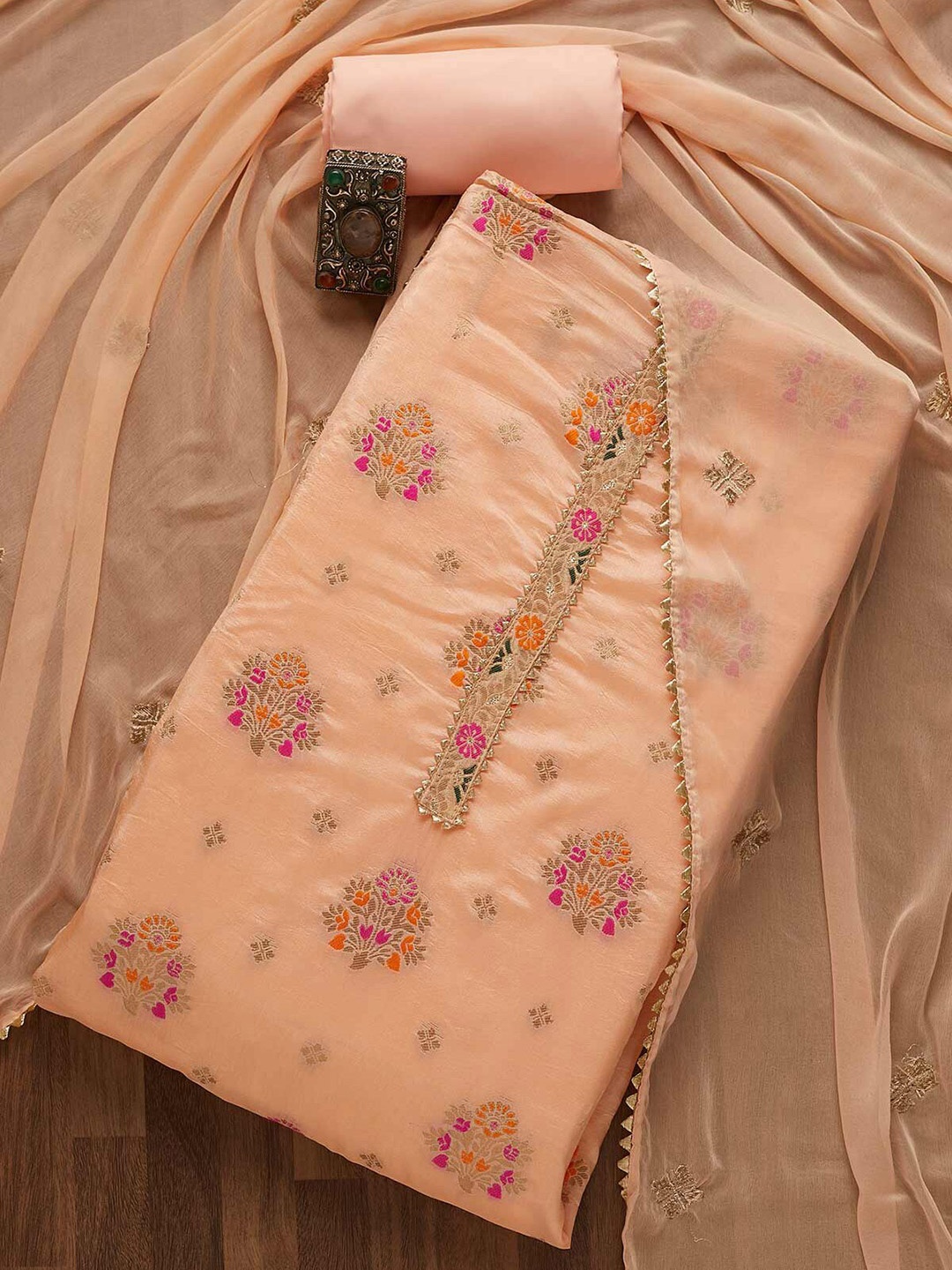

Koskii Peach-Coloured & Gold-Toned Embroidered Unstitched Dress Material