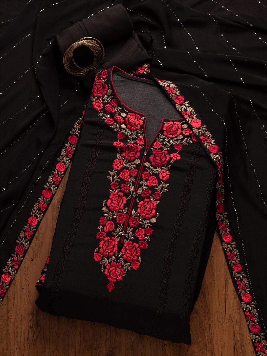 

Koskii Black & Red Embroidered Unstitched Dress Material