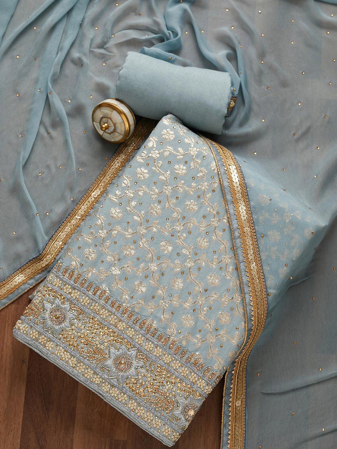 

Koskii Grey & Gold-Toned Embroidered Art Silk Unstitched Dress Material