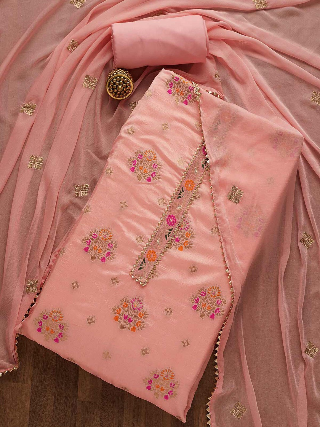

Koskii Pink & Gold-Toned Embroidered Unstitched Dress Material