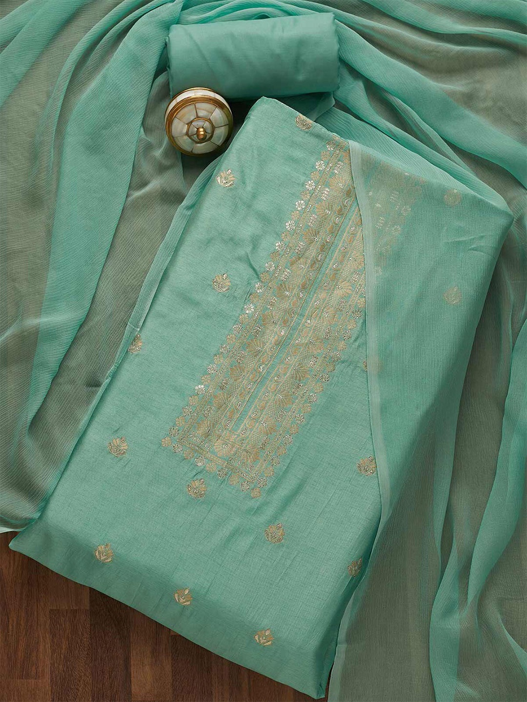 

Koskii Green & Gold-Toned Embroidered Art Silk Unstitched Dress Material