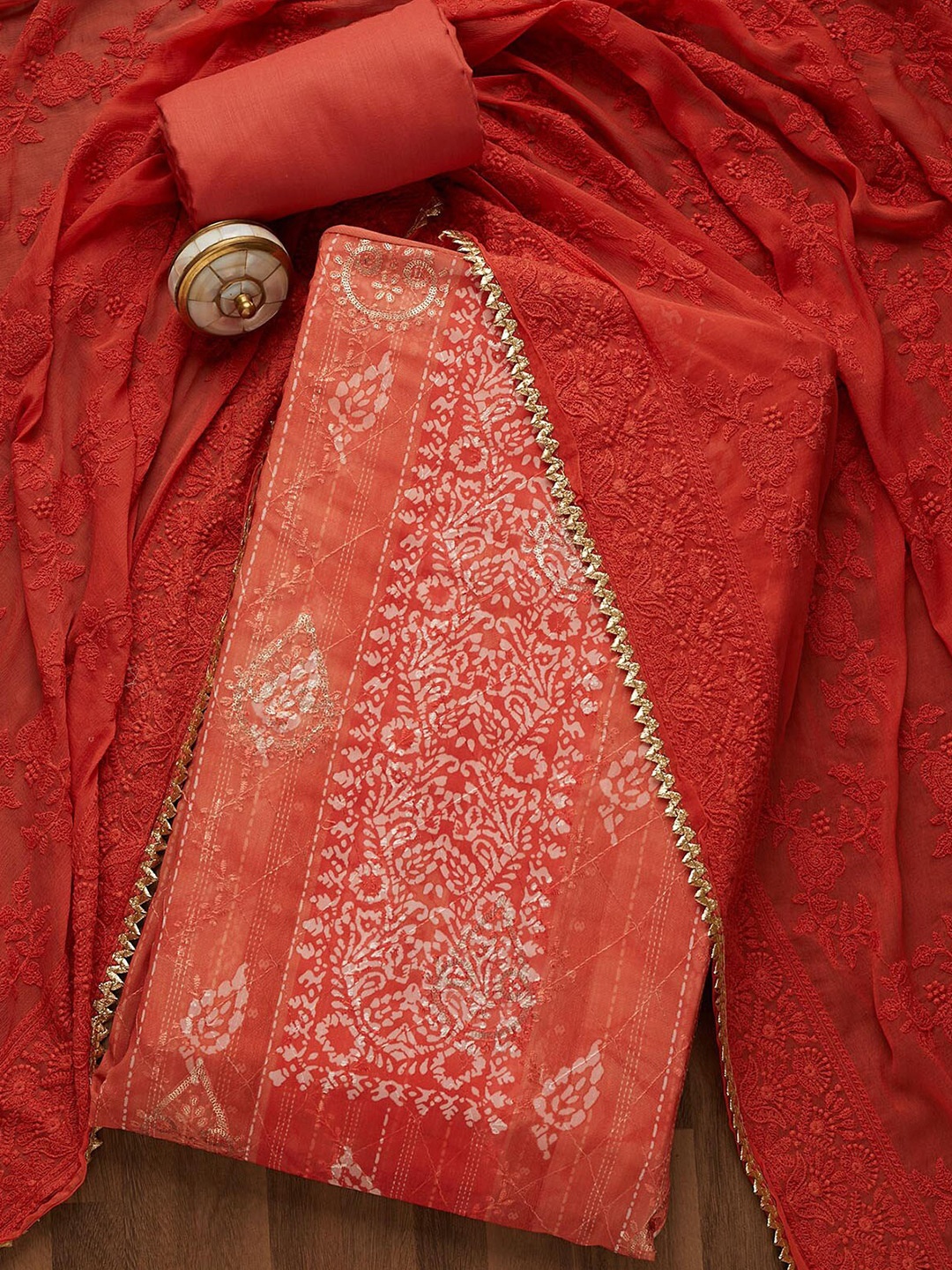 

Koskii Peach-Coloured & White Embroidered Art Silk Unstitched Dress Material