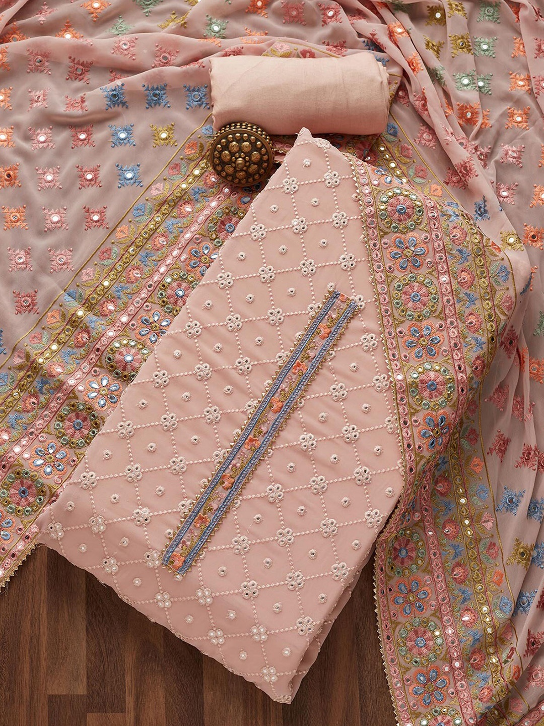 

Koskii Pink & Blue Embroidered Unstitched Dress Material