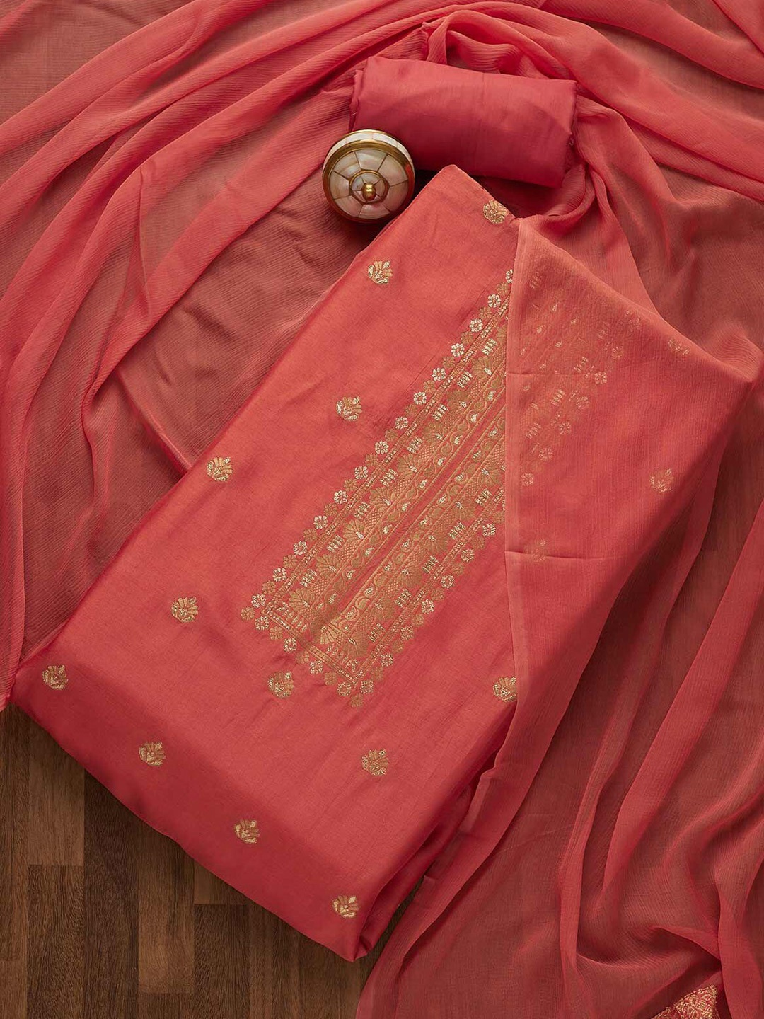 

Koskii Pink & Gold-Toned Embroidered Art Silk Unstitched Dress Material