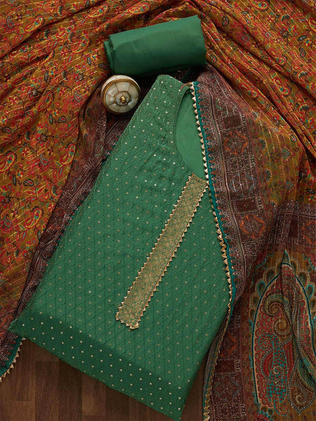 

Koskii Women Green & Brown Sequined Embroidered Unstitched Dress Material