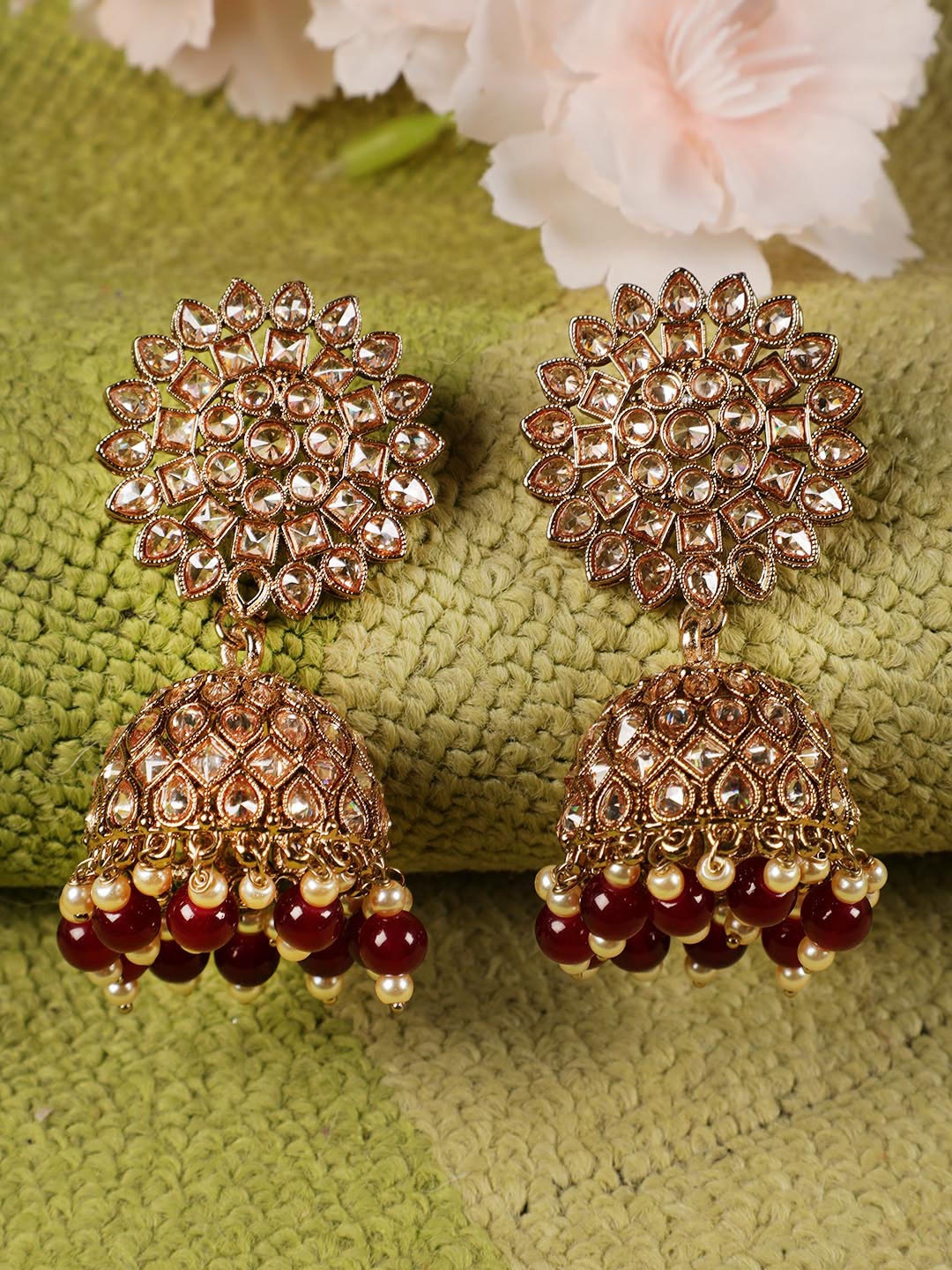 

Jazz and Sizzle Gold-Toned & Maroon Circular Jhumkas Earrings