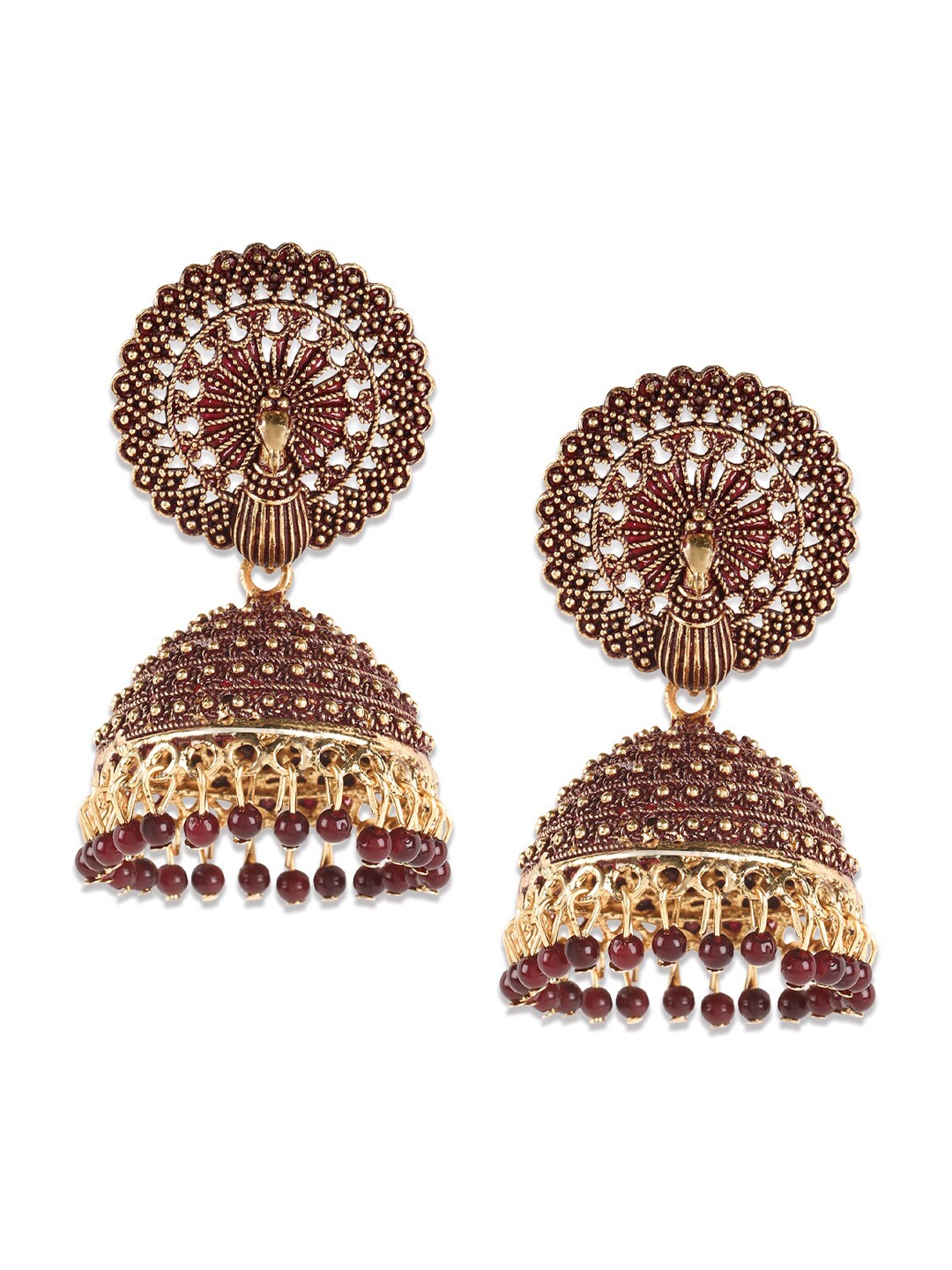 

Jazz and Sizzle Gold-Toned & Maroon Leaf Shaped Jhumkas Earrings