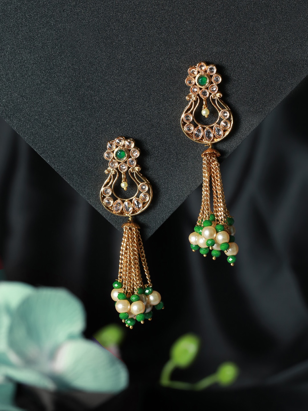 

Jazz and Sizzle Green Crescent Shaped Drop Earrings