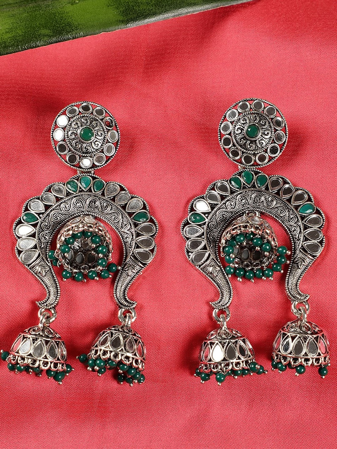 

Jazz and Sizzle Silver-Toned & Green Crescent Shaped Jhumkas Earrings