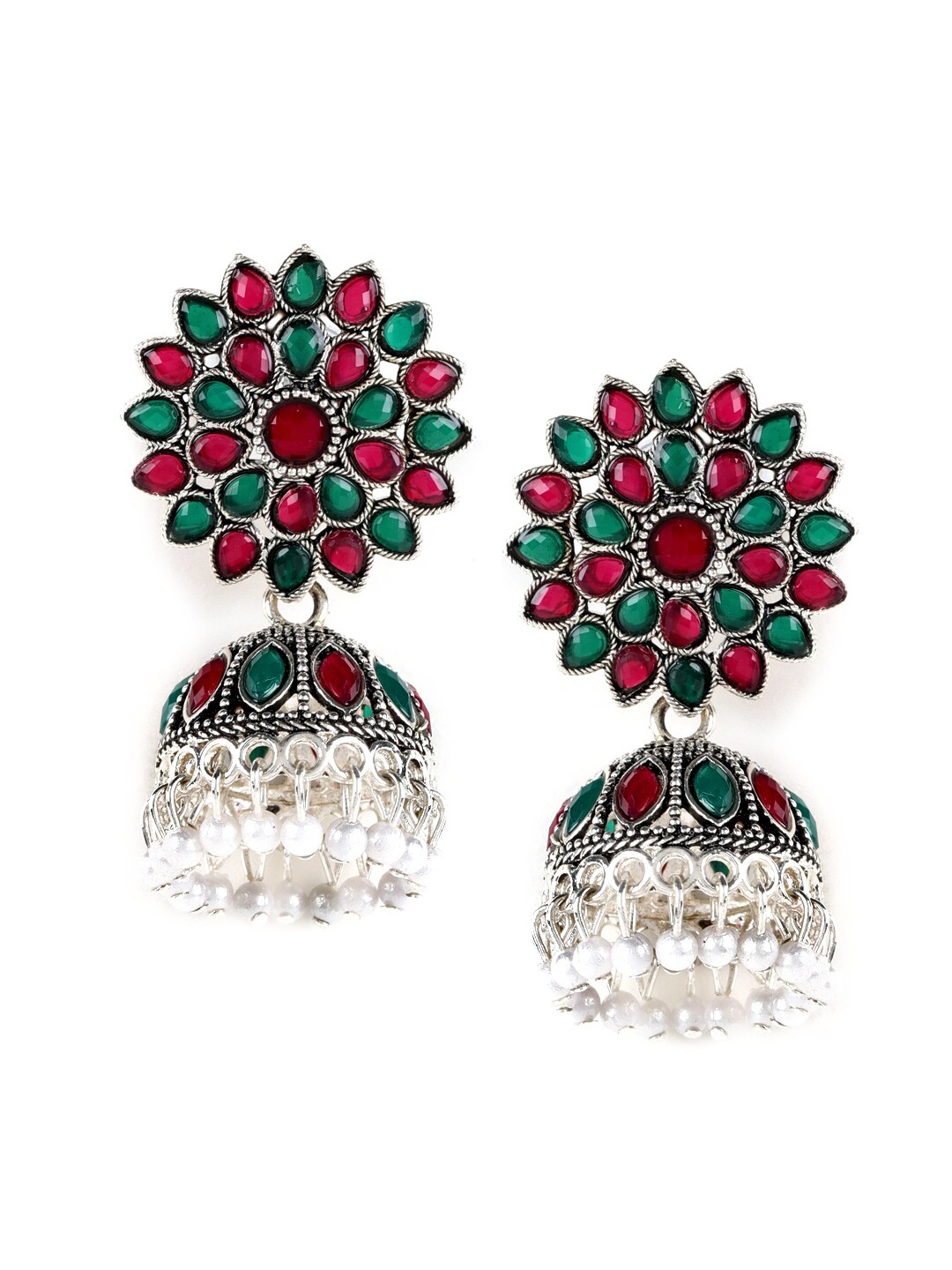 

Jazz and Sizzle Women Silver-Toned & Red Floral Jhumkas Earrings