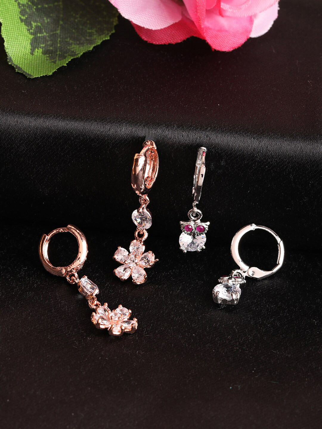 

Jazz and Sizzle Pack Of 2 Women Rose Gold Floral American Diamond Drop Earrings