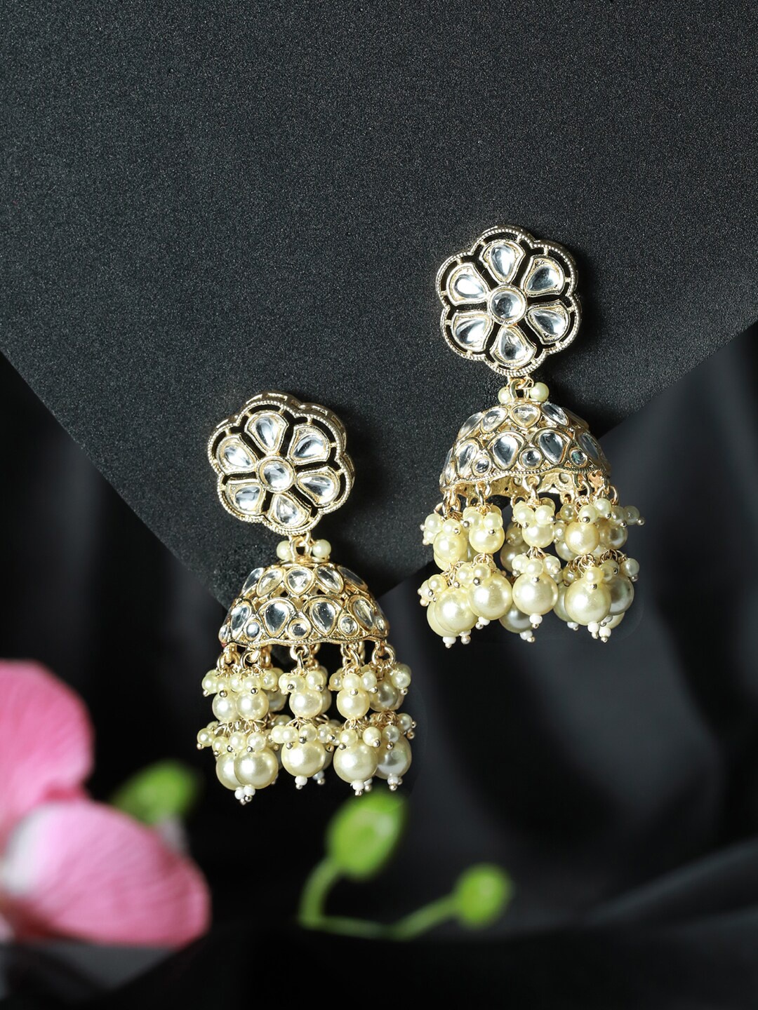 

Jazz and Sizzle Gold-Toned Floral Beads Kundan studded & Beaded Jhumkas Earrings
