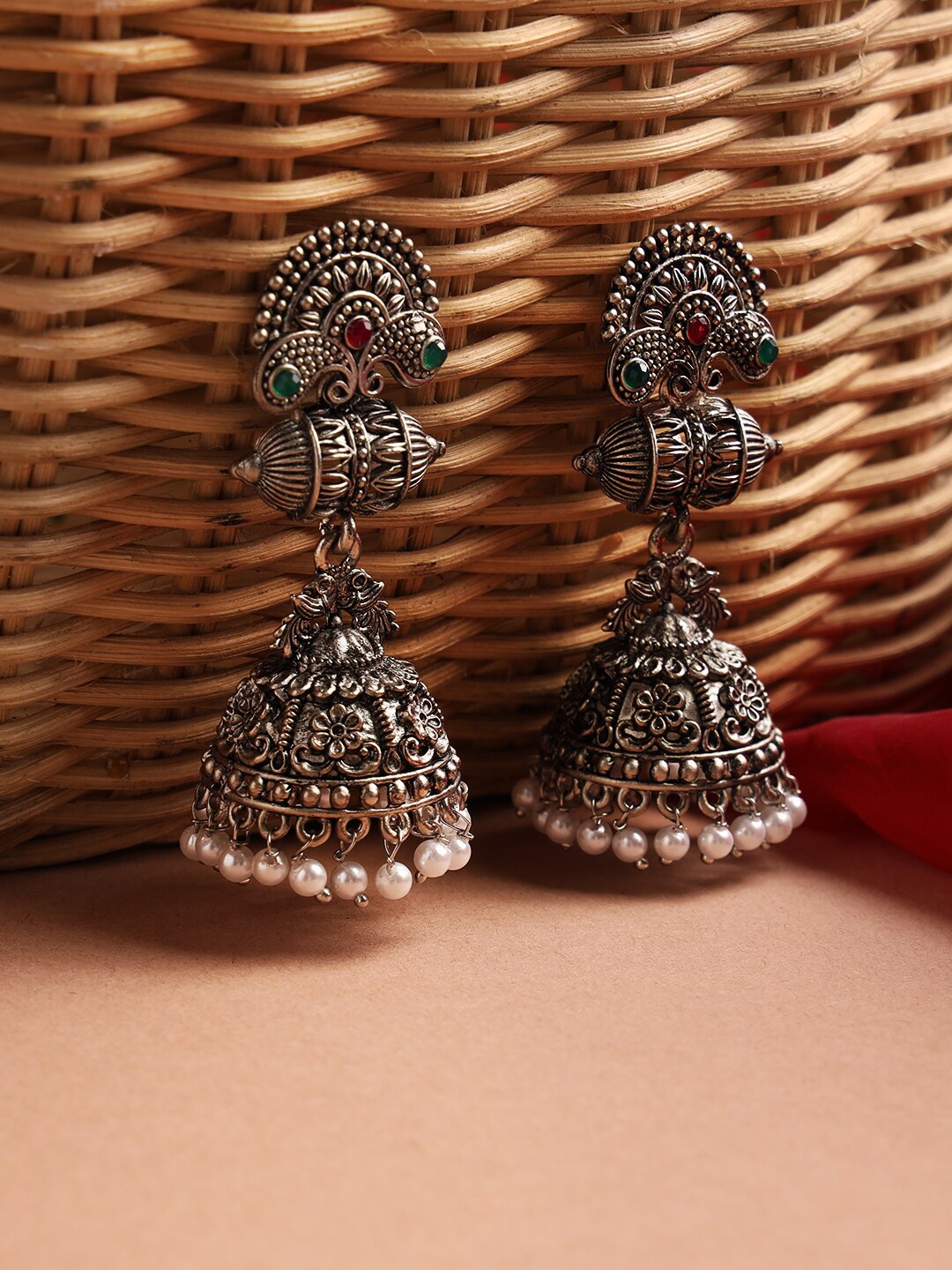 

Jazz and Sizzle Women Silver-Toned Peacock Shaped Jhumkas Earrings