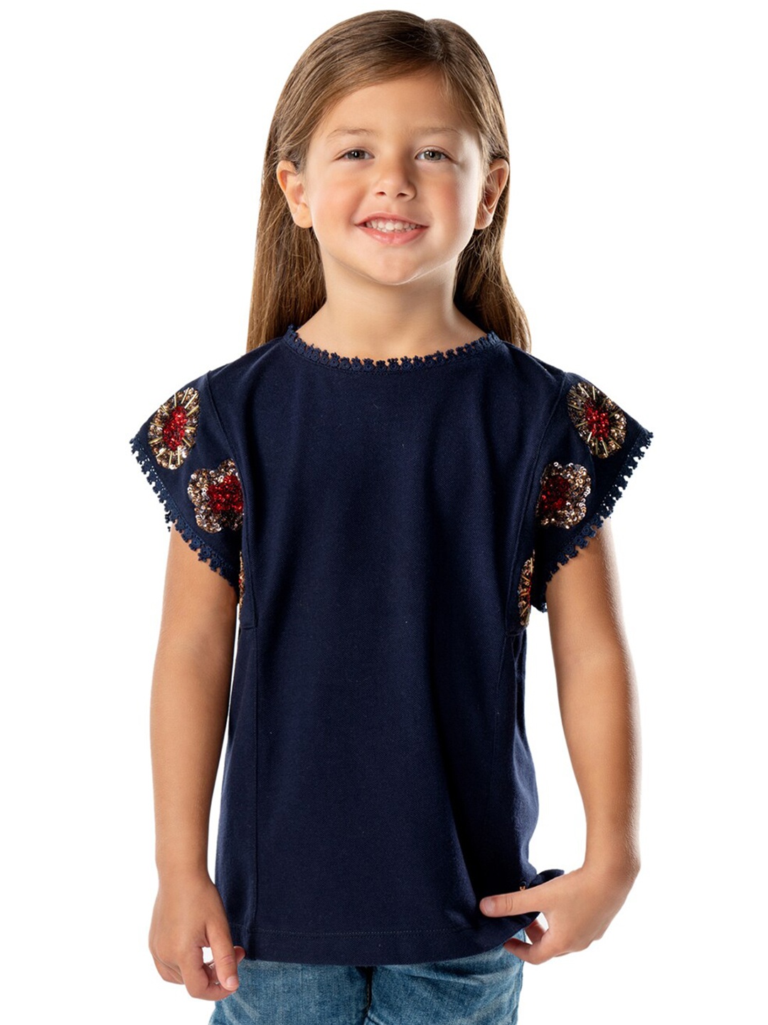 

Cherry Crumble Navy Blue Embellished Top