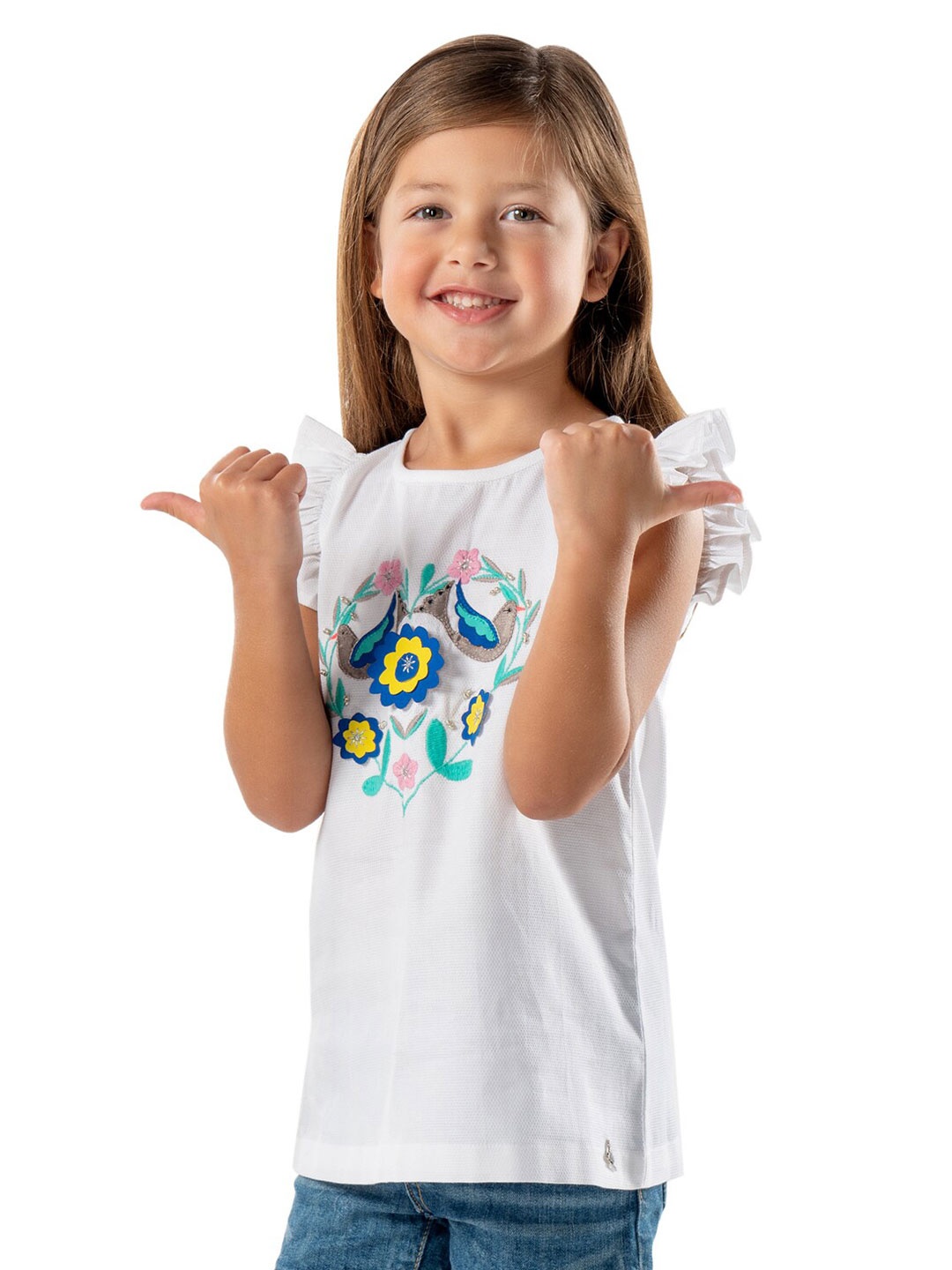 

Cherry Crumble Kids Girls White Floral Print Ruffles Peep Top