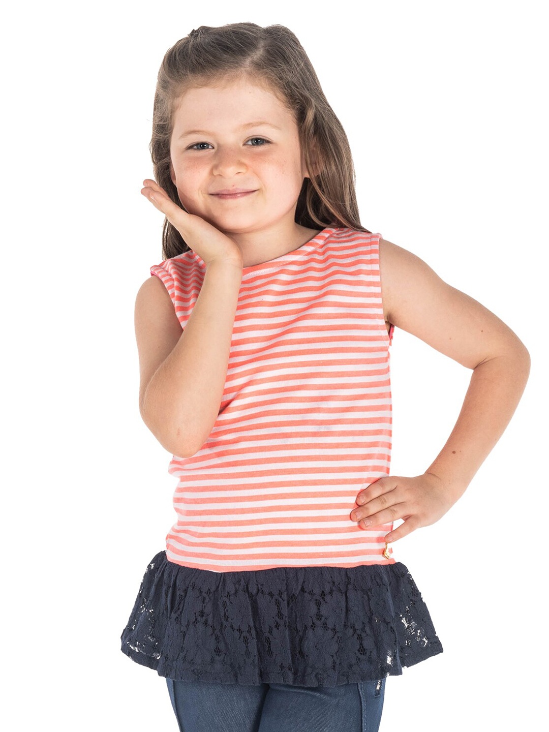 

Cherry Crumble Girls White & Coral Striped Peplum Top