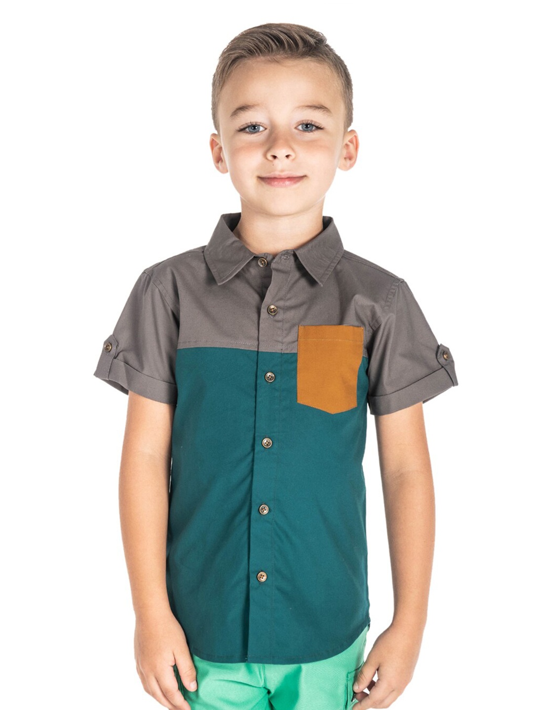 

Cherry Crumble Boys Green Colourblocked Casual Shirt