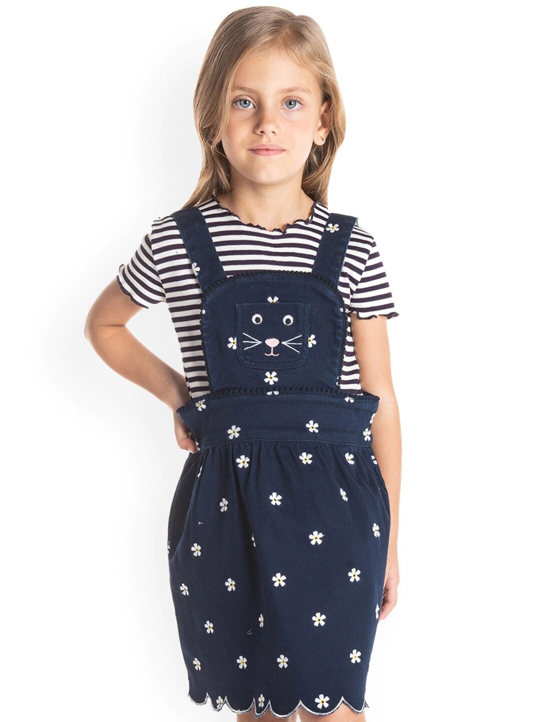 

Cherry Crumble Girls Navy Blue Embroidered Pinafore Dress