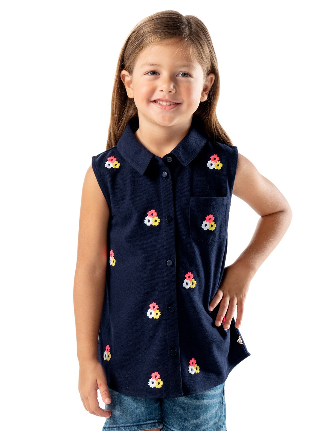 

Cherry Crumble Girls Navy Blue Floral Embroidered Shirt Style Top